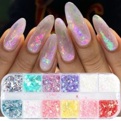 12 Grids 3D Flakes Aurora Nail Glitter Flakes Köröm Vaskos flitterek Holografikus opál púder manikűr körmökhöz Kiegészítők