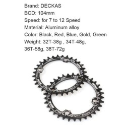 DECKAS 104 BCD láncgyűrű 32T 34T 36T 38T kerek keskeny széles 104BCD láncgyűrű 34 32 fogas Mtb Bike Coroa Egysebességes 12V 11V