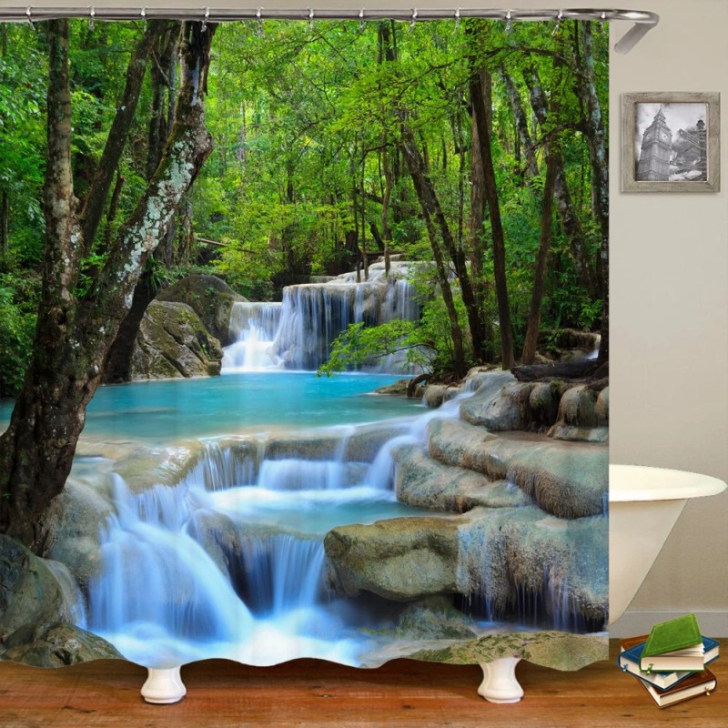 3D nyomtatás Green Forest Waterfall zuhanyfüggönyök vízálló fürdőszobai függöny kampós fürdőfüggöny 180*200 poliészter szövet