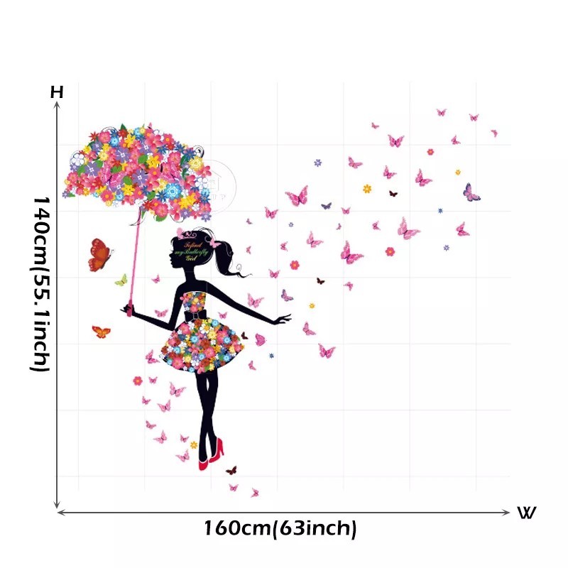 Rajzfilm Pillangótündér virágos lány esernyős fali matricák lányoknak Hálószoba Gyermekszoba Falmatricák Színes Virágok PVC
