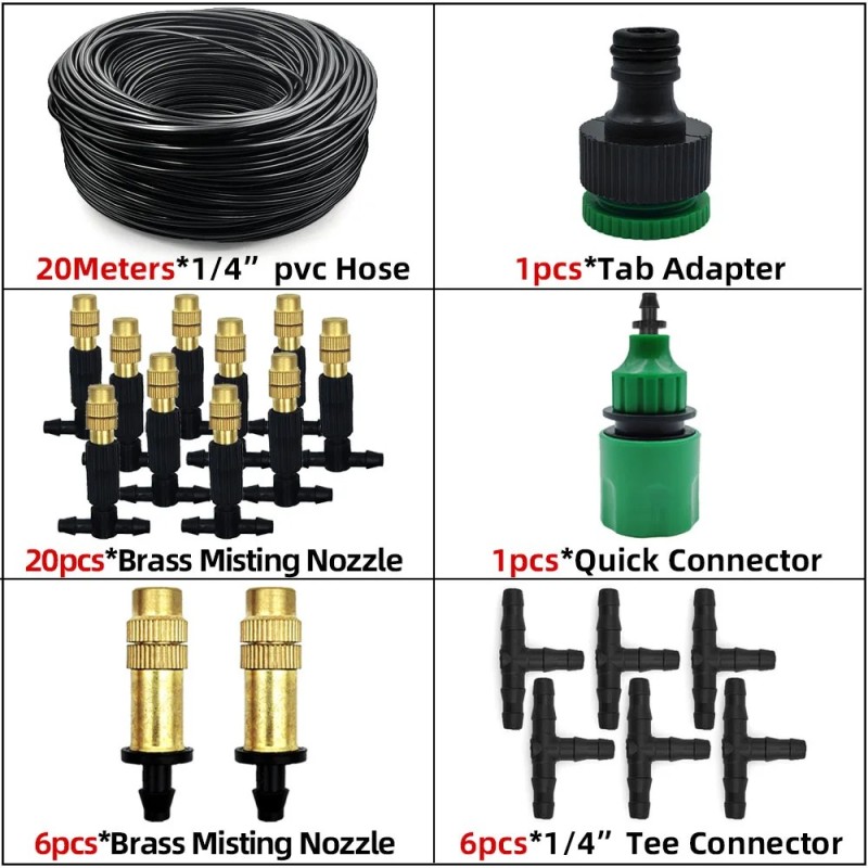 5M-30M Outdoor Misting Cooling System Garden Irrigation Watering 1/4'' Brass Atomizer Nozzles 4/7mm Hose for Patio Greenhouse