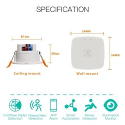 Intelligens élet Zigbee emberi jelenlét érzékelő Tuya Wifi MmWave Radar Pir Montion érzékelő fényerősségérzékeléssel okosotthonh