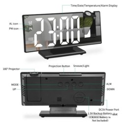 USB tápellátású digitális ébresztőóra 180°-os kar vetítés ébresztőóra idő hőmérséklet szundi asztali óra 12/24 órás projektor LE