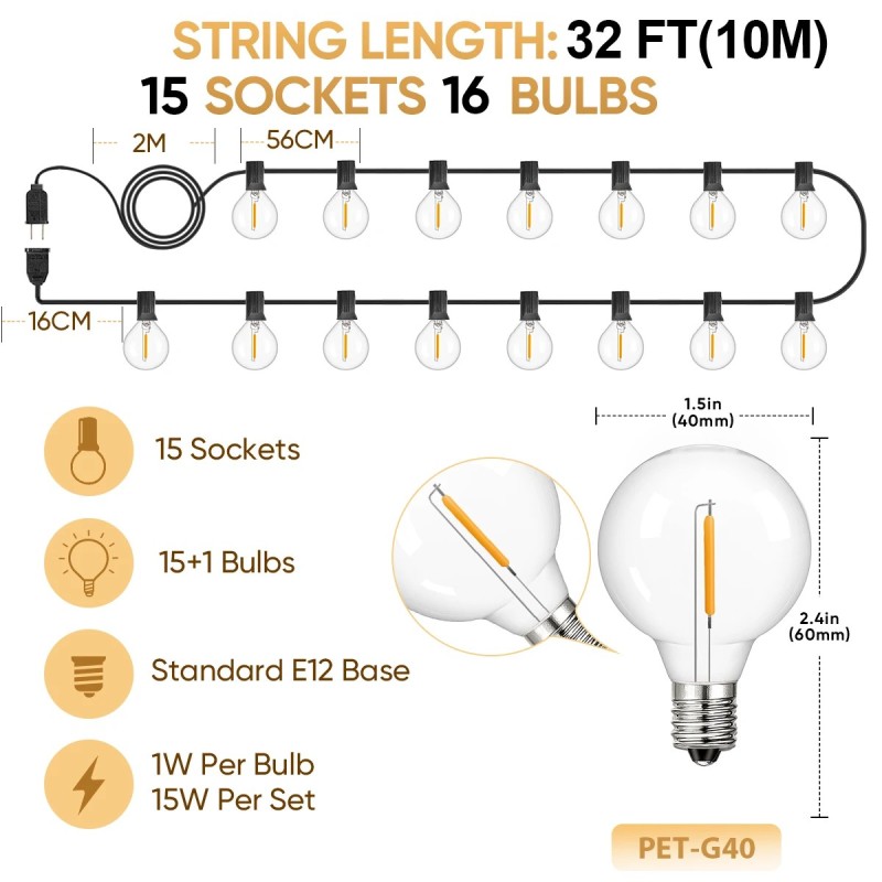 Törésálló G40 Fények Garland 220V 110V Led Fényfüzér E12 Vízálló Csatlakoztatható karácsonyi kerti kültéri dekorációs lámpa