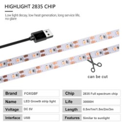 DC 5V USB LED Grow Light teljes spektrumú, 1-5 m-es növényi megvilágítású LED szalagos fitolámpa zöldség virágpalánta termesztő 