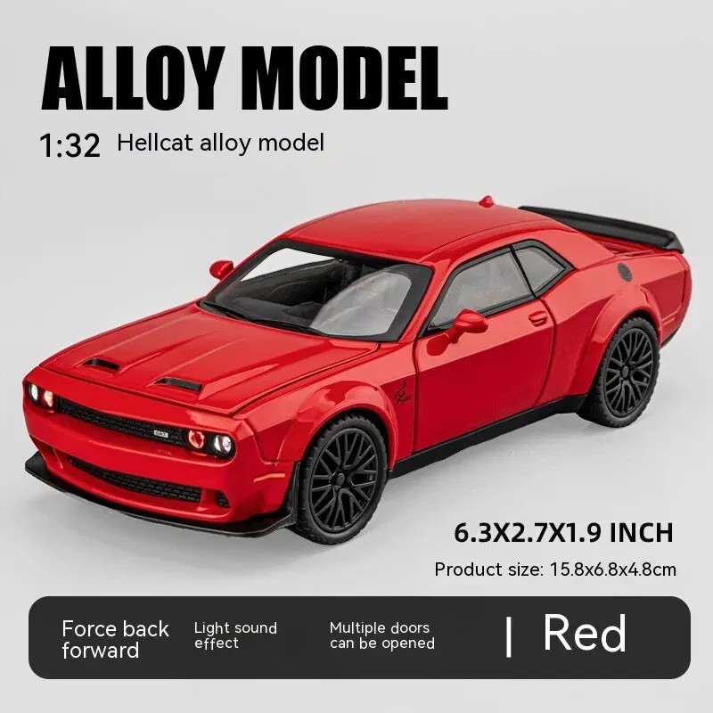 Dodge Challenger Hellcat játékautó 1:32 méretarányú fémöntvényes játékautókhoz, visszahúzható Hellcat modellautók hanggal és fén