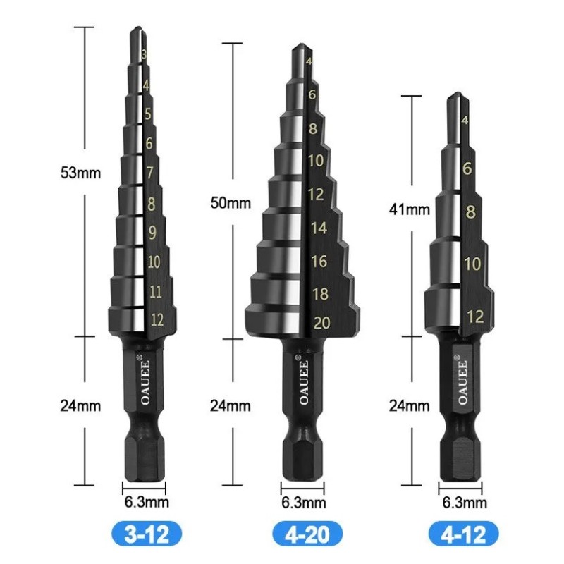 3 db HSS egyenes hornyos lépcsőfúró 3-12mm 4-12mm 4-20mm nitrid fekete hatlapú fa fém furatvágó magfúró szerszámkészlet