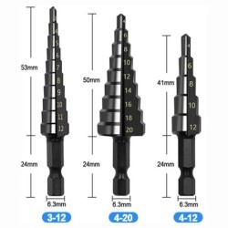 3 db HSS egyenes hornyos lépcsőfúró 3-12mm 4-12mm 4-20mm nitrid fekete hatlapú fa fém furatvágó magfúró szerszámkészlet