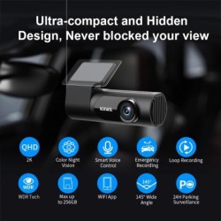 KAWA Car DVR D6 Dash kamera autós 1440P videorögzítőhöz EN RU FR JP Hangvezérlés 24 órás parkolási mód alkalmazásvezérlés éjszak