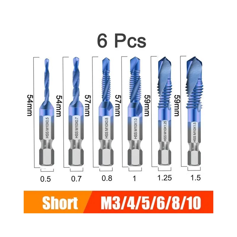 6db M3M10 csavarmenetes fúrószár Hss menetfúró mosogató, metrikus nagysebességű acél 1/4 hüvelykes gyorscsere hatlapfejű szerszá