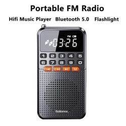 Hordozható FM mini rádió, kettős antennás zseb rádióvevő Bluetooth 5.0 hangszóró TF kártya zenelejátszó LED zseblámpával