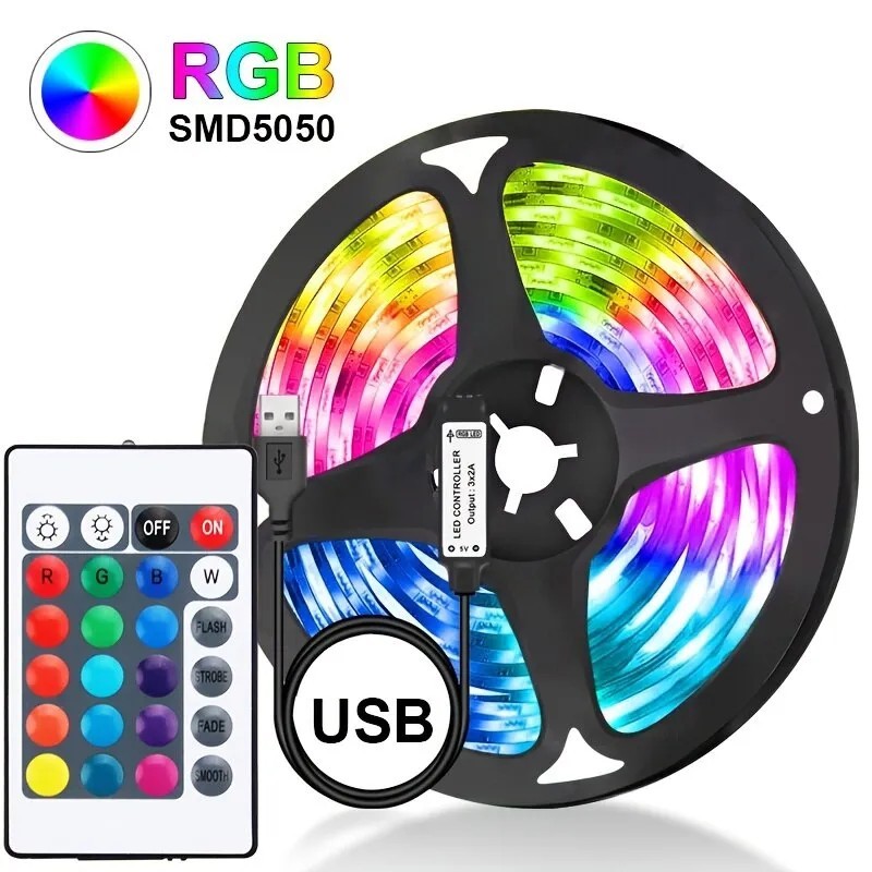 Led USB szalagos lámpa 5M színváltó 5050 RGB LED rugalmas lámpák 24 kulccsal gyerekeknek játékterem otthoni party TV háttérvilág