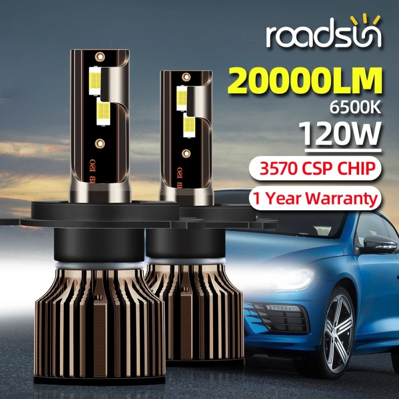 roadsun H4 LED fényszóró H1 H7 H8 H9 H11 9005 HB3 9006 HB4 autó led lámpák 20000LM 120W 6500K CSP Chip Hight tompított fényszóró