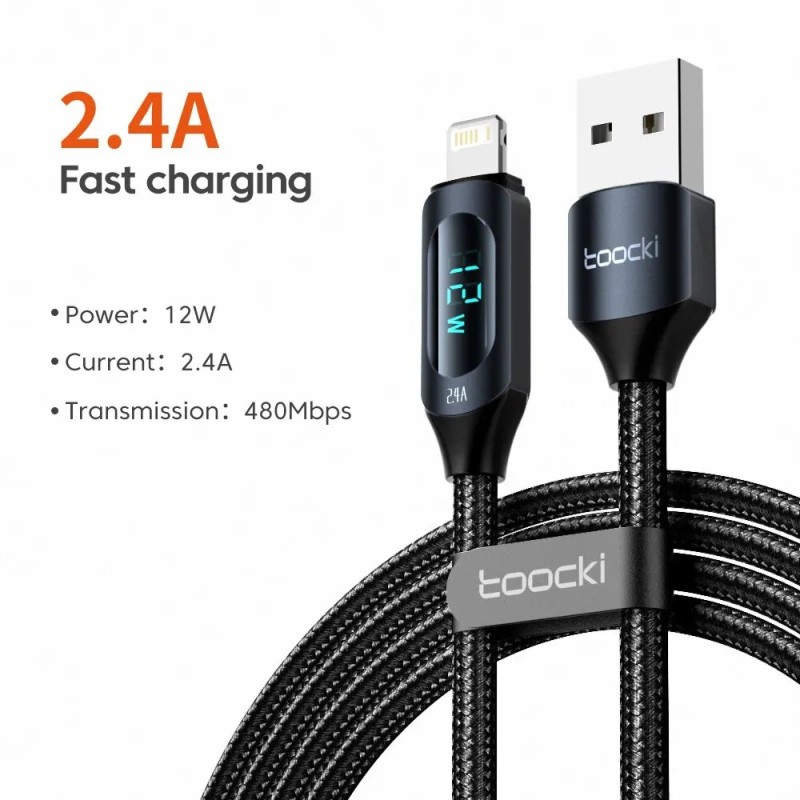 Toocki LED kijelző USB kábel iPhone 14 13 12 11 Pro Max gyorstöltő töltés Lightning 2.4A USB vezeték kábel X XR 8 7 1m 2m