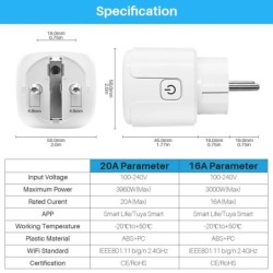 Tuya 16A 20A EU intelligens aljzat WiFi intelligens csatlakozó tápellátás figyeléssel, időzítés funkció hangvezérléssel Alexa Go