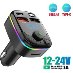 Autós Bluetooth 5.0 FM adó Kettős USB 3.1A PD Type-C gyorstöltő Színes környezeti fény autós tartozékok lejátszó készlet 2024