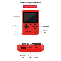 Egy piros Retro Classic Games gyermek kézi kis játékkonzol több száz játék töltésével, amely a tévéhez csatlakoztatható.