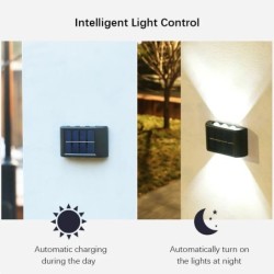 6 LED-es napelemes lámpák, kültéri hangulatú fali lámpa, fel és le fényvezérlés kerti udvarra, utcai erkélyre és teraszra, kempi