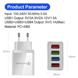 4 portos USB töltő EU/US csatlakozó 3A gyors töltő adapter iPhone Samsung Xiaomi Oppo mobiltelefon fali gyors töltés 3.0 töltő