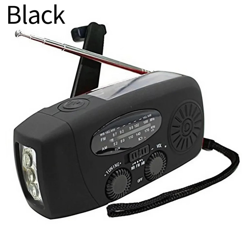 Időjárás rádió, vészhelyzeti multifunkciós rádió, FM, AM, WB, kézi tekerős, napelemes, USB töltős, 2000 mAh-s külső akkumulátorr