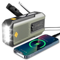 Időjárás rádió, vészhelyzeti multifunkciós rádió, FM, AM, WB, kézi tekerős, napelemes, USB töltős, 2000 mAh-s külső akkumulátorr
