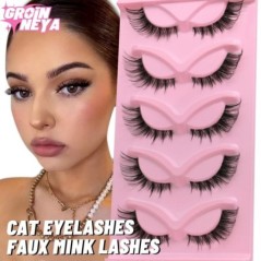 GROINNEYA 5 pár Cat Eye Lashes Faux Mink Eyelashes Clear Band Lashes Natural Look Wispy Mink Eyelashes Full Strip Lashes