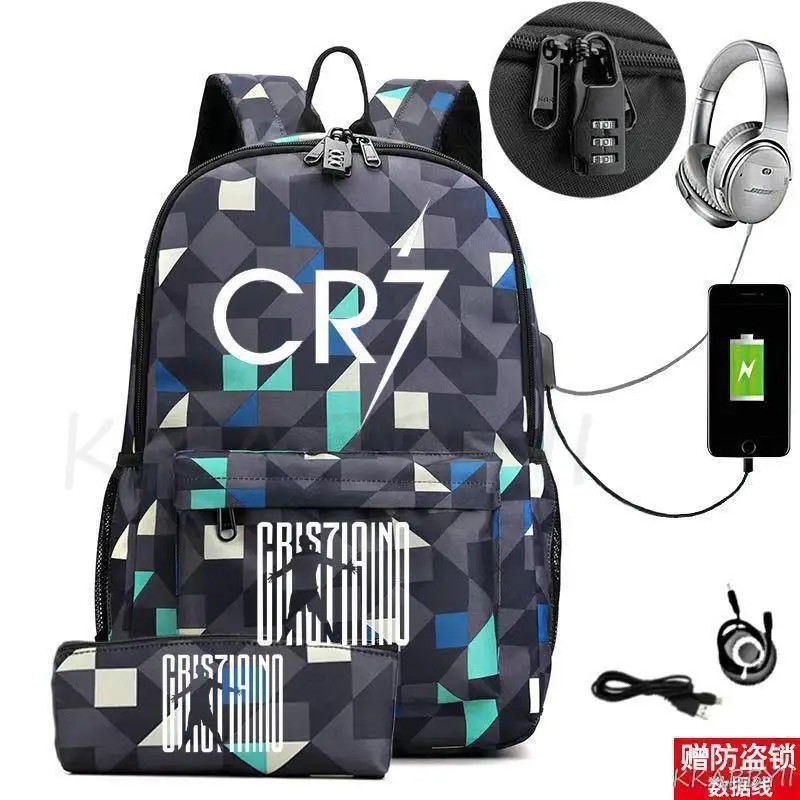 CR7 hátizsák USB 17 hüvelykes iskolatáska fiúknak lányoknak gyerekeknek hátizsákoknak tizenéveseknek USB laptop Mochilas