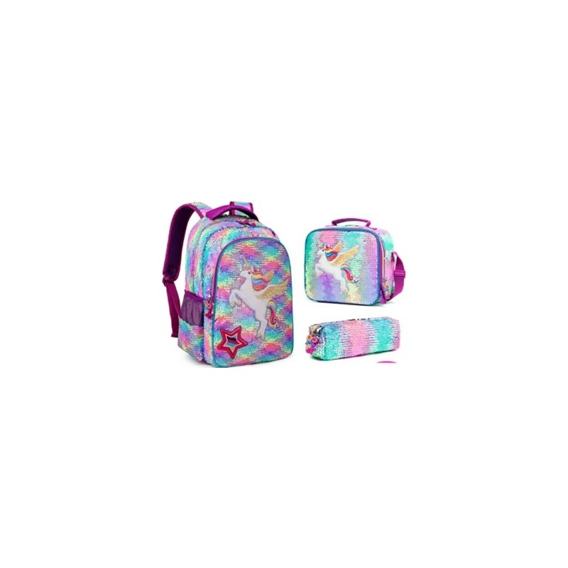 Backpack for Girls 16"  School Sequin Backpack with Lunch Box for Elementary Students