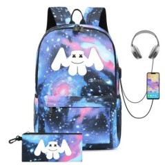 DJ Marshmello Hátizsák Diáktáska USB töltés 3D DJ Marshmello Hátizsák Utazó Hátizsák Lányok Fiúk Laptop Dayback