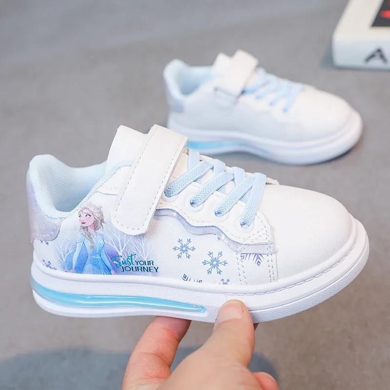 Disney Girls fehér PU bőrcipő Rajzfilm Princess Elsa Frozen Sneakers Baba vízálló sportcipő 26-37 méret