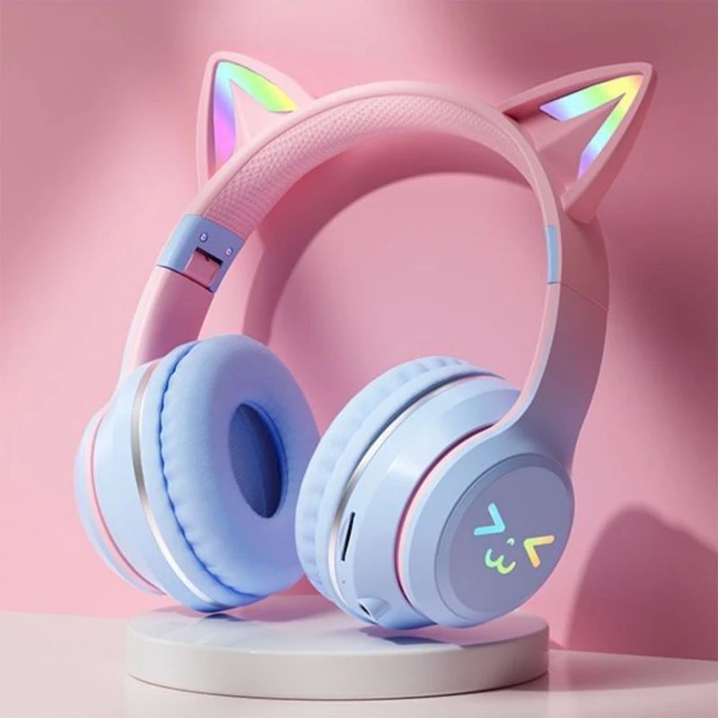 Cat's Ears Headset RGB Light Smile Face TWS Headset Gradient New Headphone Pink Little Girl Earphone Gift Suitable for Any Phone