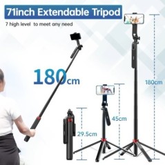 Ulanzi MA09 1,8 m-es Selfie Stick állvány iPhone 11 12 13 14 15 Pro Max telefonhoz távirányítóval panorámás gömbfej tartóval