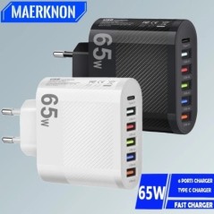 USB telefontöltő 65W 6 portos PD Type C Fast Charge fali töltő iPhone 14 Samsung Xiaomi EU/US/UK Dugaszolható telefon tápadapter