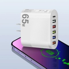 USB telefontöltő 65W 6 portos PD Type C Fast Charge fali töltő iPhone 14 Samsung Xiaomi EU/US/UK Dugaszolható telefon tápadapter