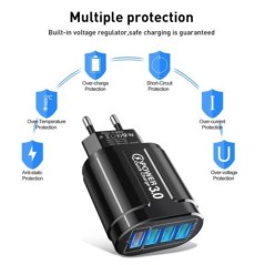 USLION 4 portos USB töltő Quick Charge 3.0 48W telefonadapter iPhone Xiaomi EU/KR/AU dugós hordozható fali mobil gyorstöltőhöz