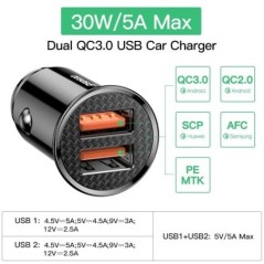 Baseus 30W USB autós töltő Gyorstöltés 4.0 3.0 FCP SCP USB PD Xiaomi iPhone 12 13 14 15 Pro gyorstöltő autós telefon töltőhöz