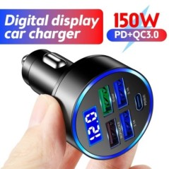 150 W autós feszültségmérő 5 portos autós töltő gyorstöltő PD QC3.0 USB C autós telefontöltő C típusú adapter telefon feszültség