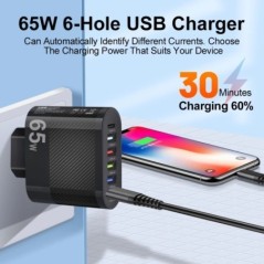 65W USB töltő PD gyorstöltő 4 portos mobiltelefon töltő Xiaomi iPhone Samsung Huawei Quick Charge 3.0 gyors fali töltőhöz