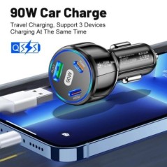 90W autós töltő USB Type C gyorstöltő tápadapter Quick Charge 3.0 iPhone 14 13 12 Xiaomi 13 Samsung autós telefon töltőhöz