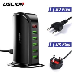 USLION 5 többportos USB töltő hub mobiltelefonhoz EU UK USA dugaszoló LED kijelző USB töltőállomás asztali dokkoló töltők