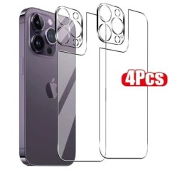 4 az 1-ben edzett üveg iPhone 15 14 13 11 Pro Max 12 Mini Plus 15Plus 15Pro 14Pro hátlapi képernyővédő fóliával, kameralencse fó