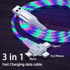 3 az 1-ben 3A gyorstöltő USB kábel Flow világító kábel iPhone-hoz Samsung Xiaomi telefontöltő 8 Pin Micro USB Type C kábel