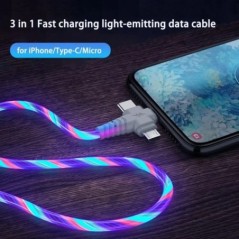 3 az 1-ben 3A gyorstöltő USB kábel Flow világító kábel iPhone-hoz Samsung Xiaomi telefontöltő 8 Pin Micro USB Type C kábel