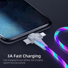 3 az 1-ben 3A gyorstöltő USB kábel Flow világító kábel iPhone-hoz Samsung Xiaomi telefontöltő 8 Pin Micro USB Type C kábel