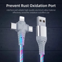 3 az 1-ben 3A gyorstöltő USB kábel Flow világító kábel iPhone-hoz Samsung Xiaomi telefontöltő 8 Pin Micro USB Type C kábel