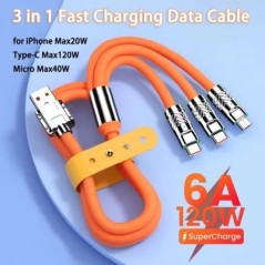 120 W 6A 3 az 1-ben gyorstöltő C típusú kábel Micro USB iPhone töltőkábel Samsung Huawei Xiaomi telefontöltőhöz USB kábel