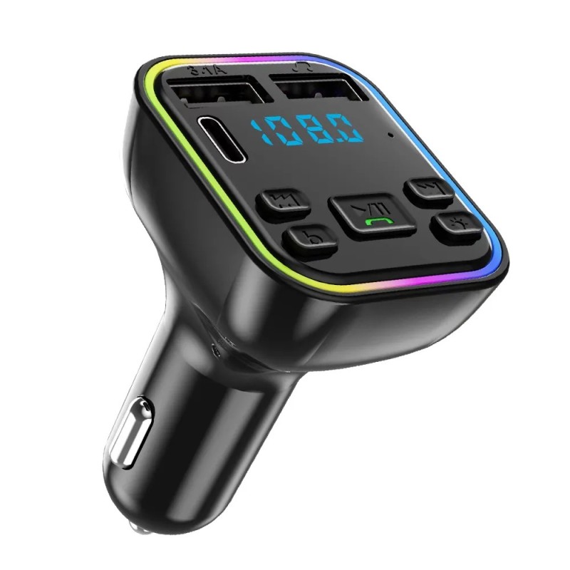 Autós Bluetooth 5.0 FM adó PD Type-C Dual USB 3.1A gyorstöltő Színes környezeti fény kihangosító MP3 modulátor lejátszó