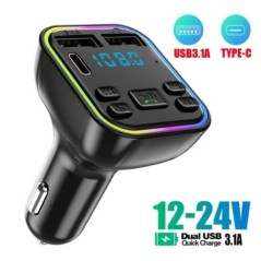 Autós Bluetooth 5.0 FM adó PD Type-C Dual USB 3.1A gyorstöltő Színes környezeti fény kihangosító MP3 modulátor lejátszó