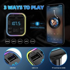 Autós Bluetooth 5.0 FM adó PD Type-C Dual USB 3.1A gyorstöltő Színes környezeti fény kihangosító MP3 modulátor lejátszó