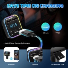 Autós Bluetooth 5.0 FM adó PD Type-C Dual USB 3.1A gyorstöltő Színes környezeti fény kihangosító MP3 modulátor lejátszó